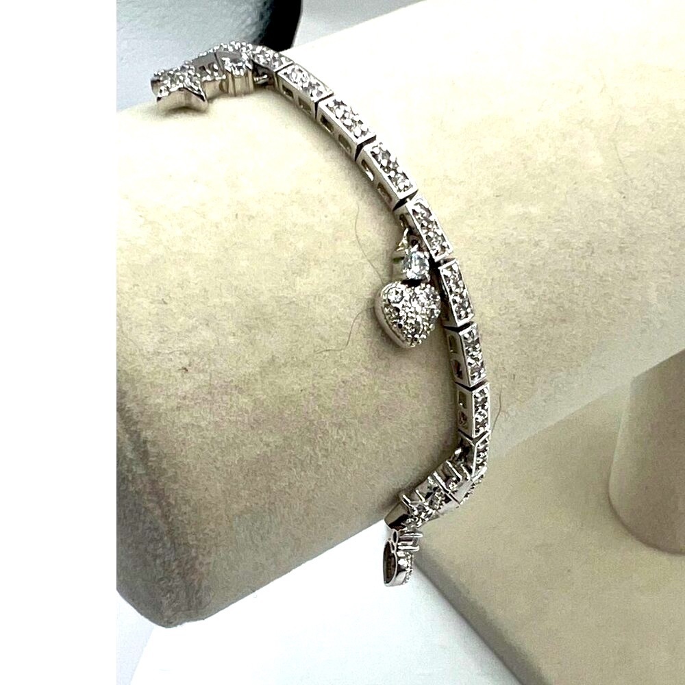 925 Sterling Silver Bracelet With Heart & Star Charms Cubic Zirconias M12 - Picture 3 of 7